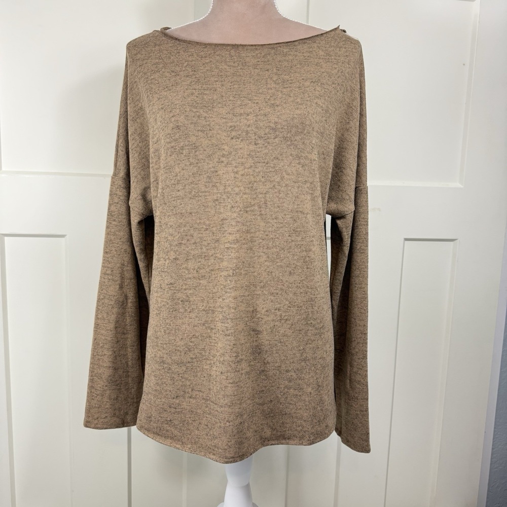 Women's M Golden Brown Heathered Knit Pullover Top Button Back Long Sleeve Soft
